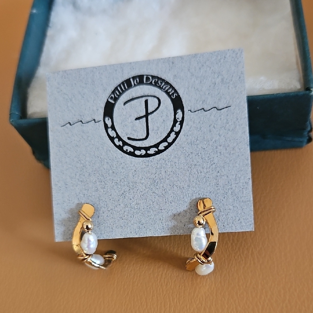 Gold Tone and White Twisted Rope Earrings